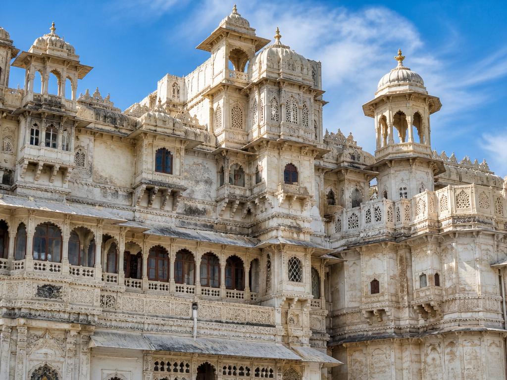 Intricate white marble facade of Udaipur City Palace