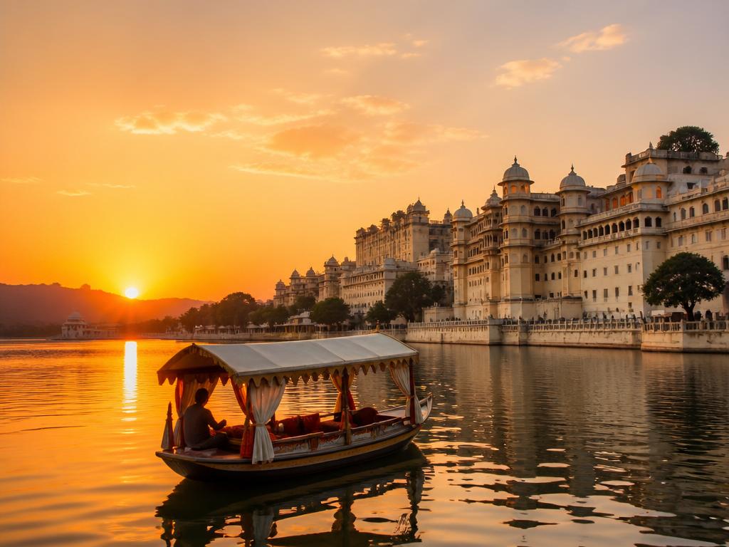 Traditional boat on Lake Pichola at sunset