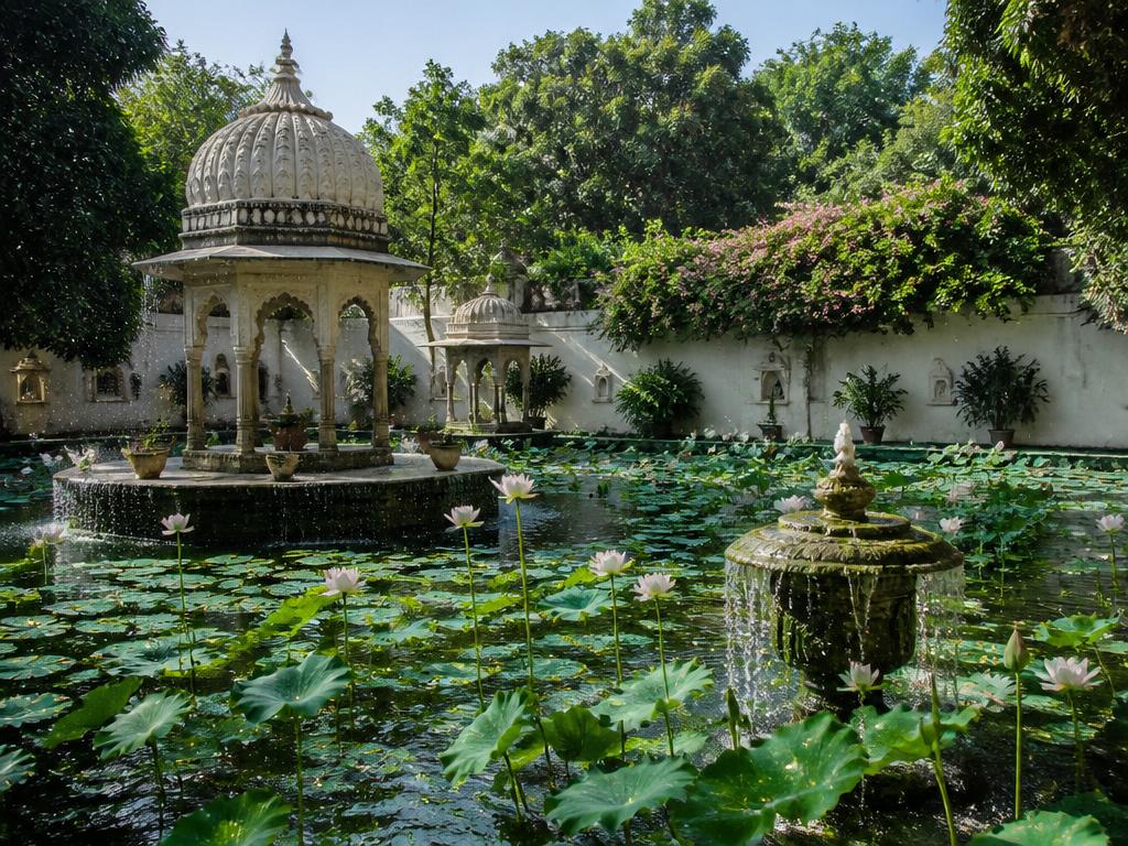 Lotus pool and marble pavilion at Saheliyon ki Bari garden